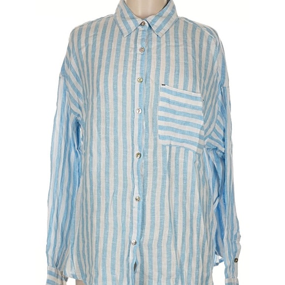 Nicole Miller Tops - Nicole Miller Blue and White Striped Women’s Buttom Down Shirt